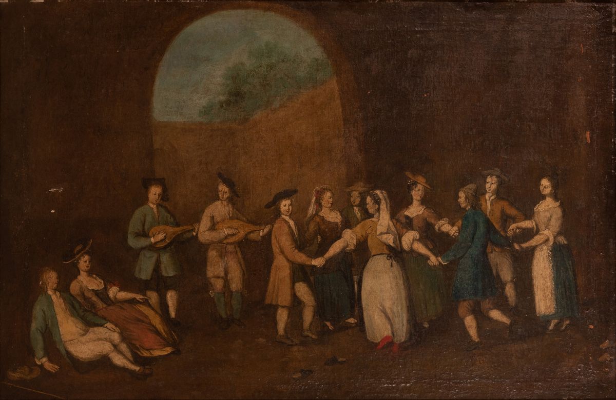 Scuola Marchigiana XVIII Secolo - Coppia di Dipinti Raffiguranti "scena di Festa" e "banchetto Al...