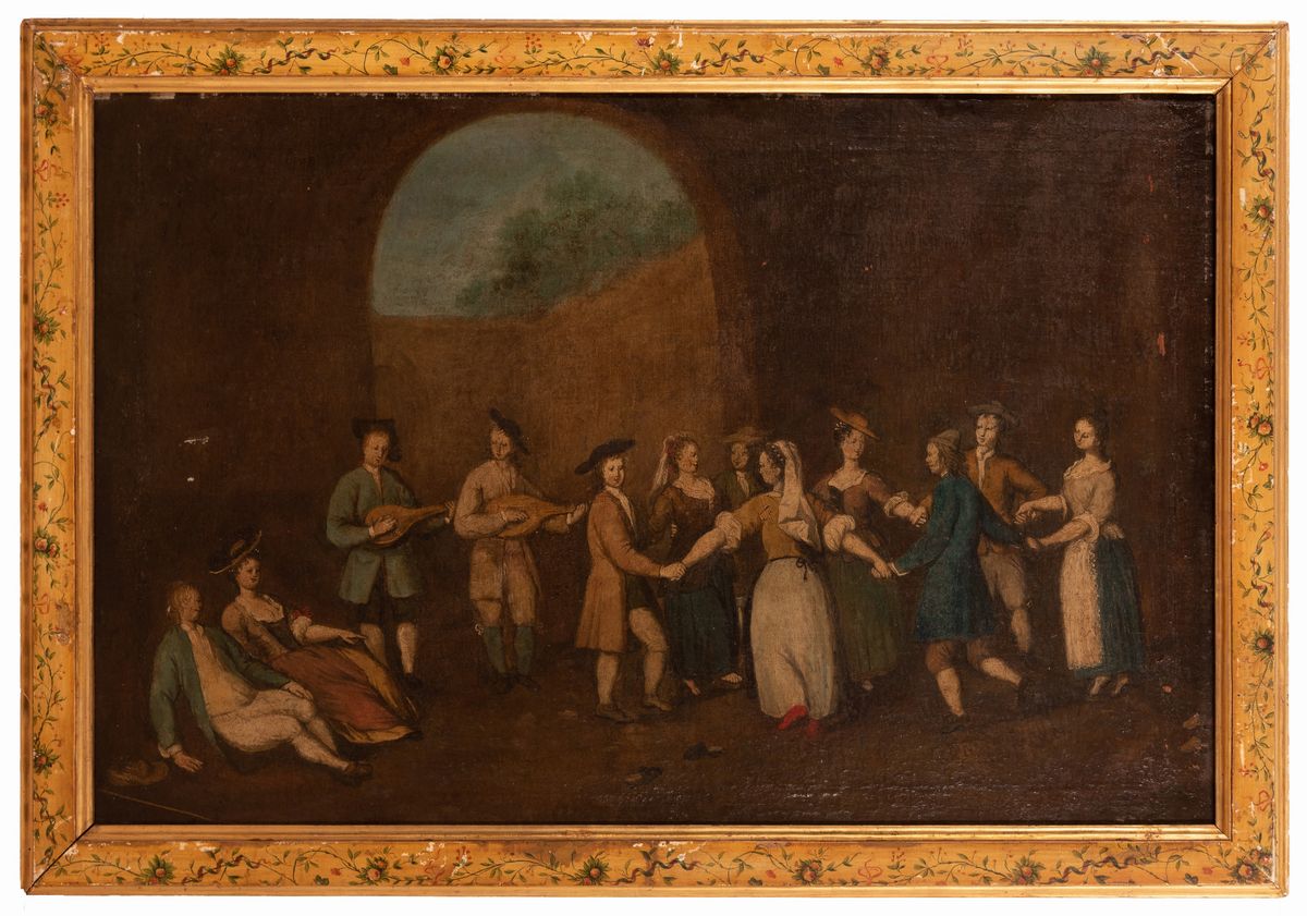 Scuola Marchigiana XVIII Secolo - Coppia di Dipinti Raffiguranti "scena di Festa" e "banchetto Al...