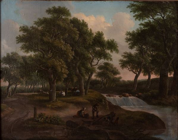Scuola olandese del XIX secolo - Paesaggio con ruscello, figure e armenti