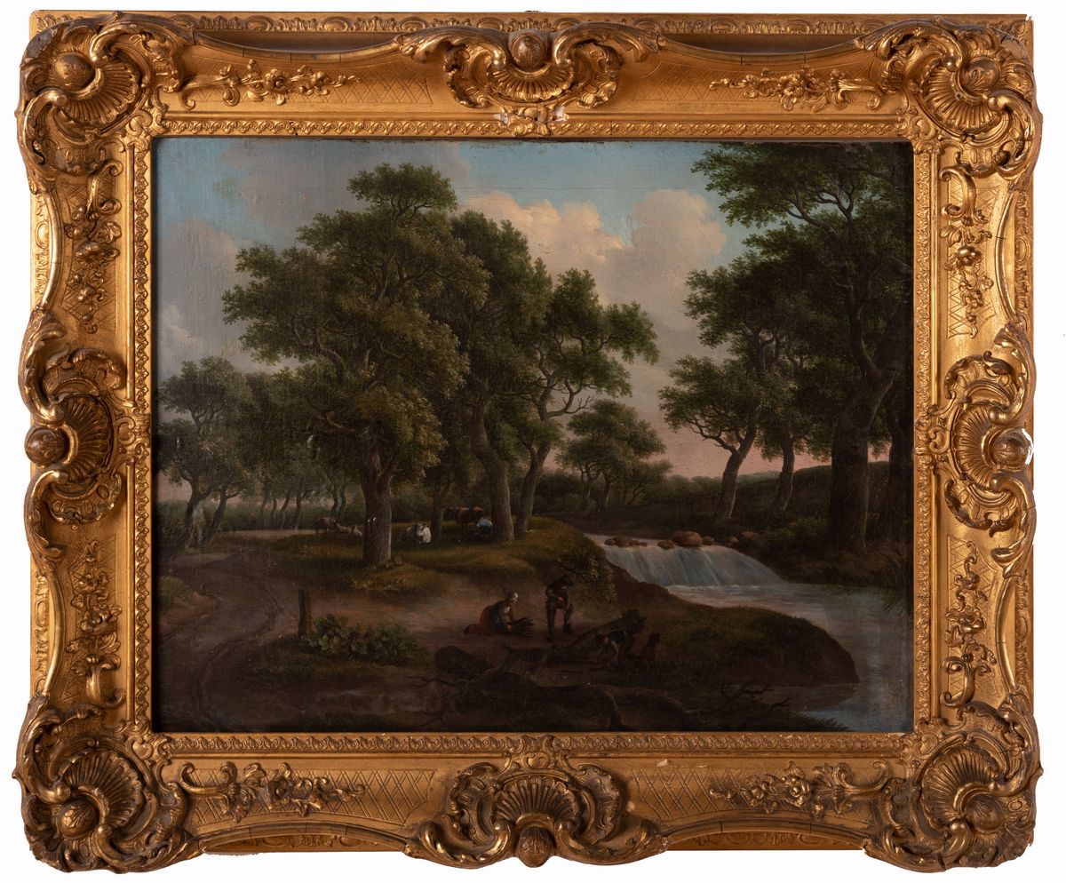 Scuola Olandese del XIX Secolo - Paesaggio con Ruscello, Figure e Armenti