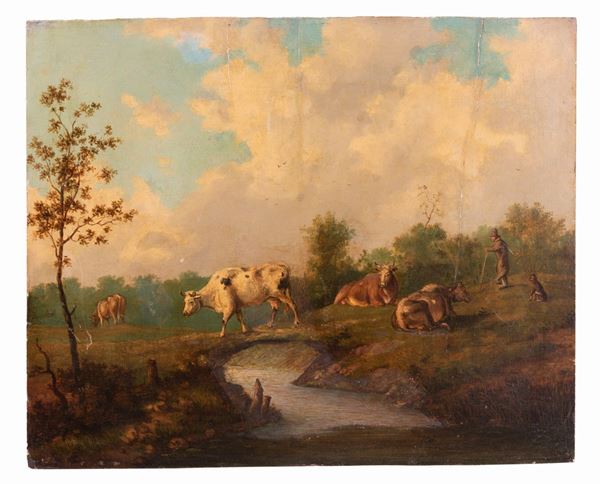 Scuola olandese del XIX secolo - Paesaggio con pastore e armenti