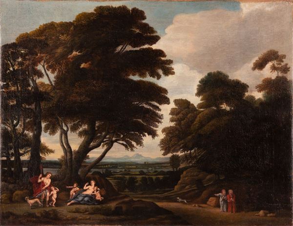 Scuola Emiliana XVII secolo - Paesaggio con Venere, Adone e Cupido