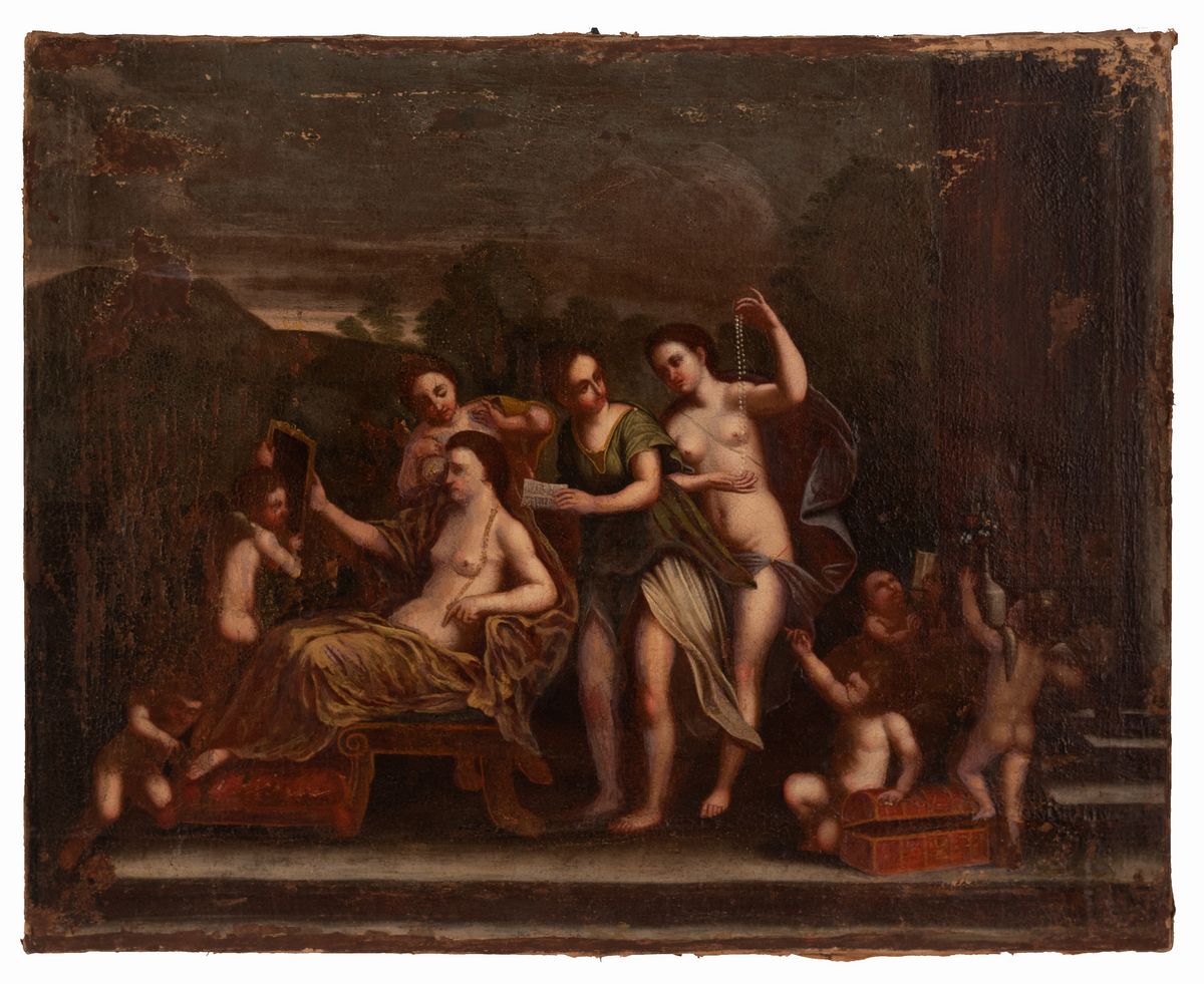Scuola Emiliana XVII Secolo - Paesaggio con Venere, Adone e Cupido