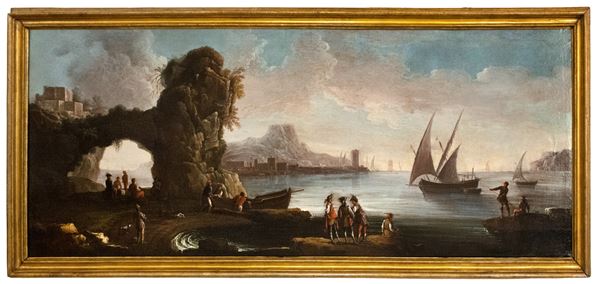 Carlo Bonavia - Grande veduta di baia con pescatori, barche e figure