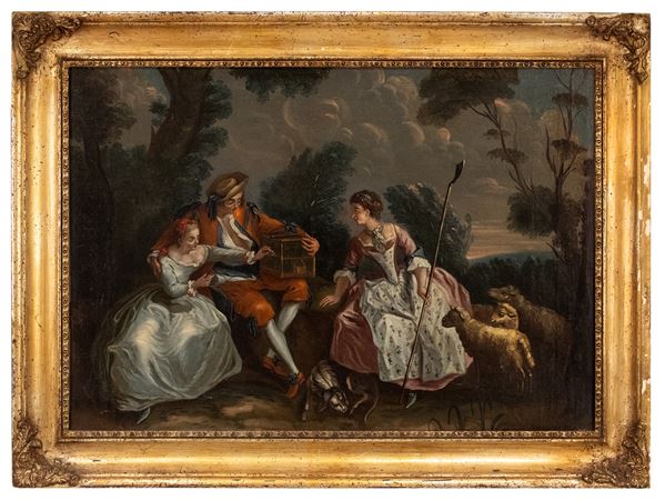 Pittore inglese della fine del XVIII secolo - Scena romantica in paesaggio