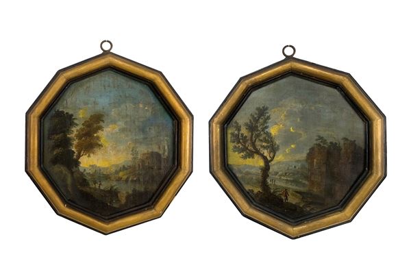 Pittore marchigiano del XVIII secolo - Coppia di capricci in cornice decagonale