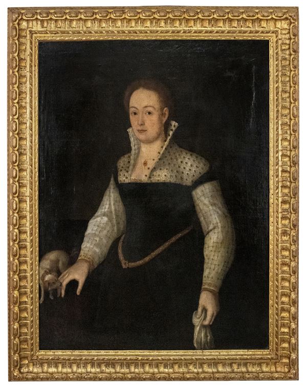 Pittore veneto del XVII secolo - Ritratto di dama con cane