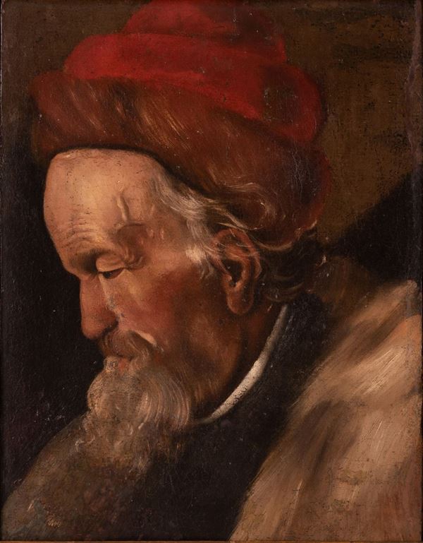 Pittore olandese del XVII secolo - Ritratto di uomo con barba e cappello rosso