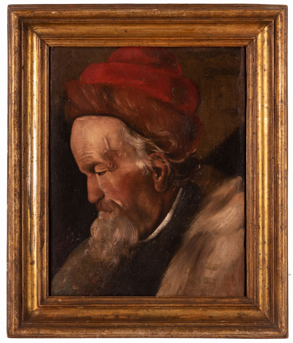 Pittore Olandese del XVII Secolo - Ritratto di Uomo con Barba e Cappello Rosso