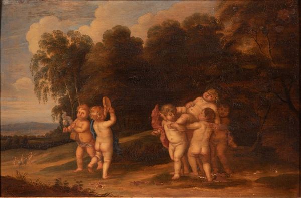 Scuola Fiamminga del XVIII secolo - Bacchino ebro con Putti in paesaggio