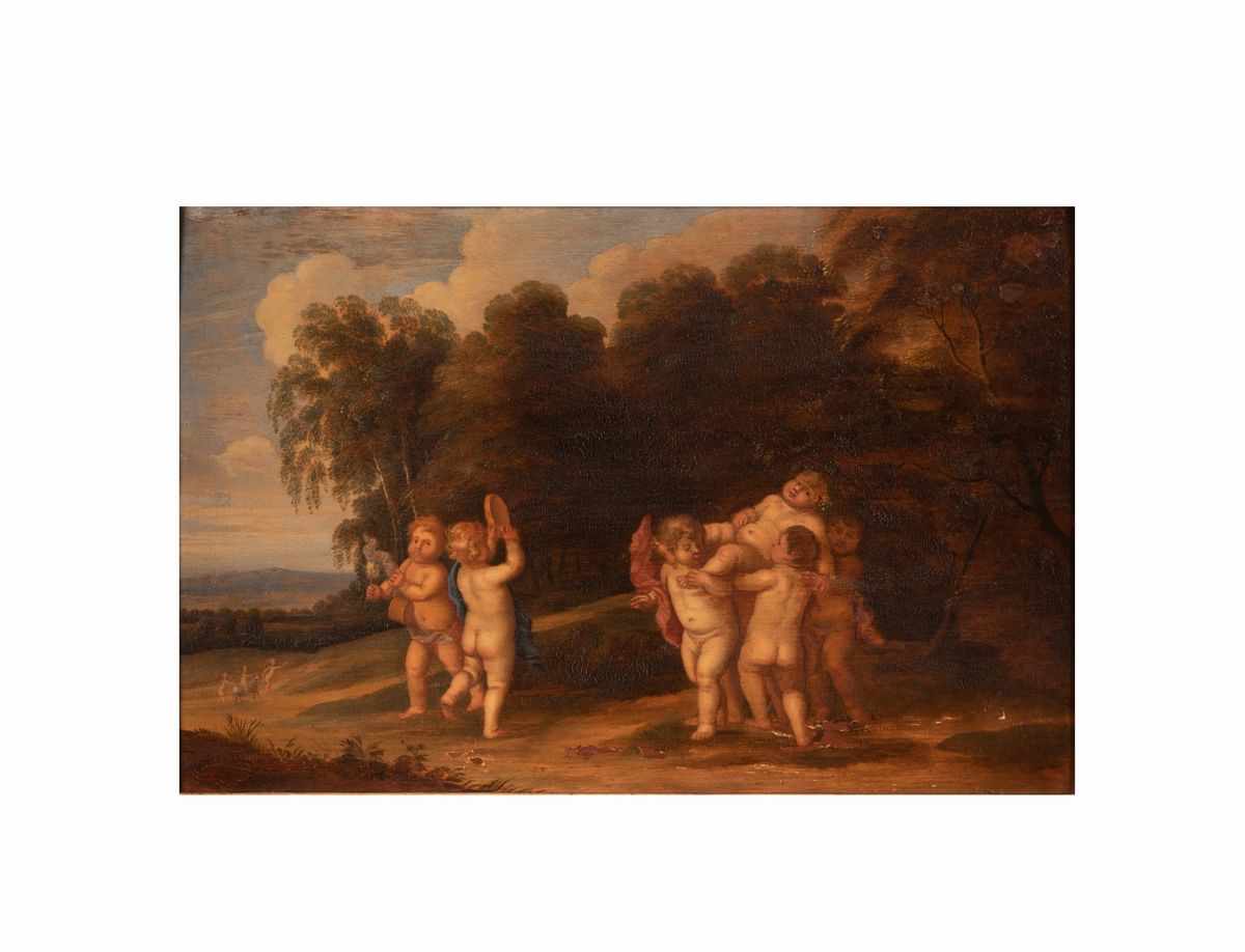 Scuola Fiamminga del XVIII Secolo - Bacchino Ebro con Putti in Paesaggio