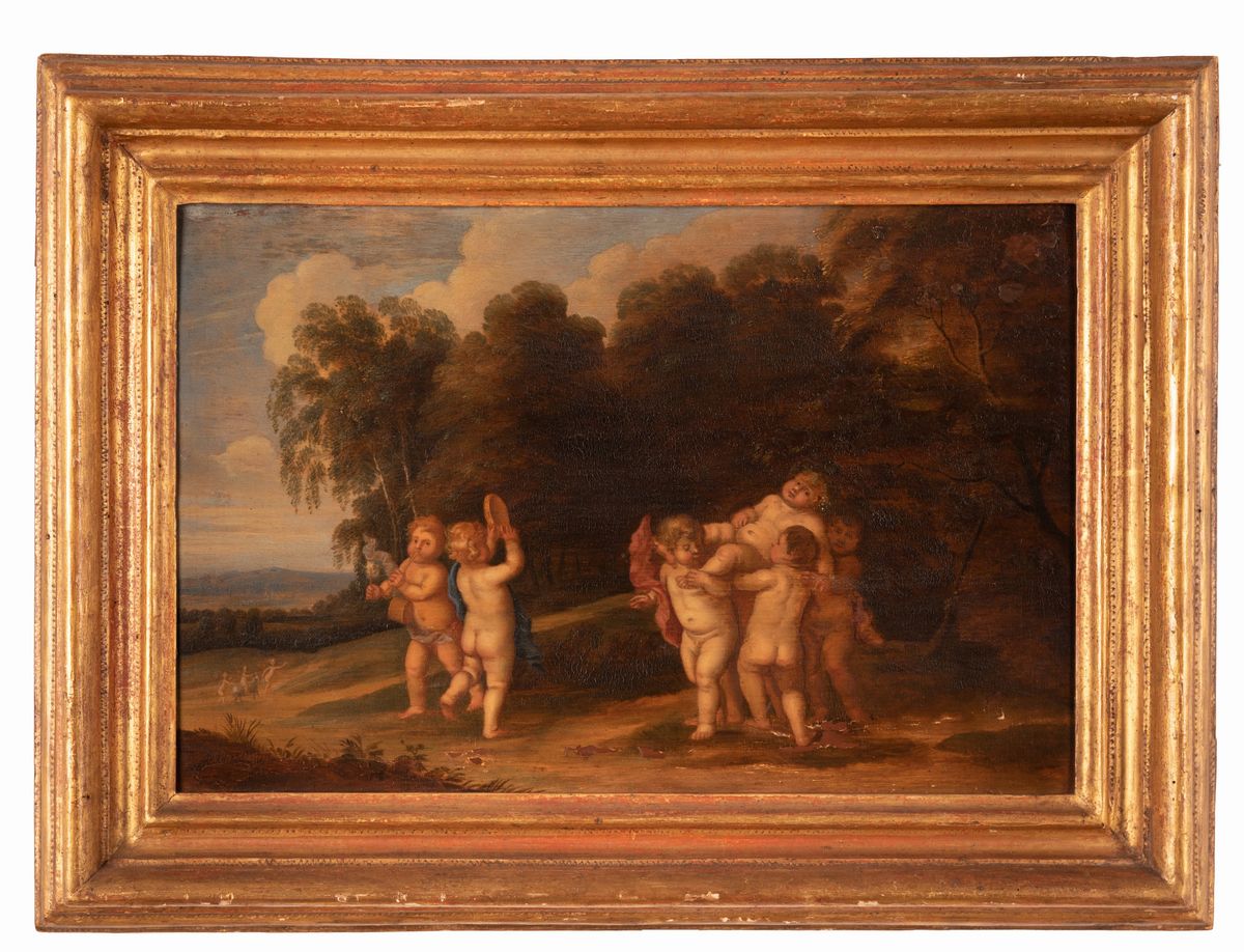 Scuola Fiamminga del XVIII Secolo - Bacchino Ebro con Putti in Paesaggio