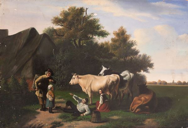 Scuola olandese del XIX secolo - Paesaggio con pastori e armenti