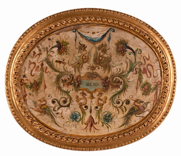Scuola dell'Italia centrale del XVIII secolo : Mattonella in terracotta dipinta a grottesche  - terracotta dipinta con terre e minerali - Asta 21 settembre 2022 ore 15:00 Asta 10 SESSIONE II: Arredi e Dipinti Antichi e del XIX secolo - II - Gliubich Casa d'Aste