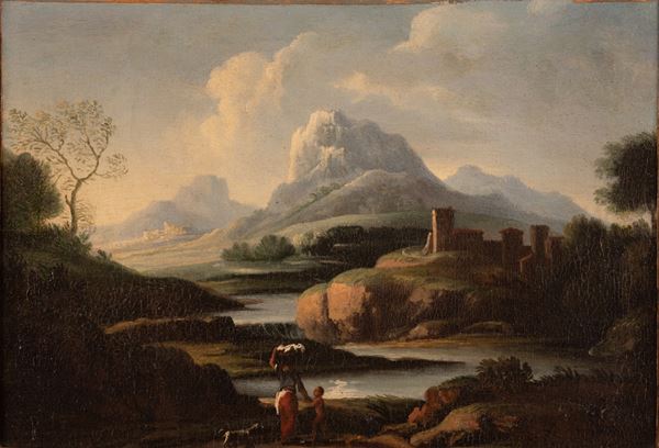 Scuola di Salvator Rosa del XVII secolo - Paesaggio con figure