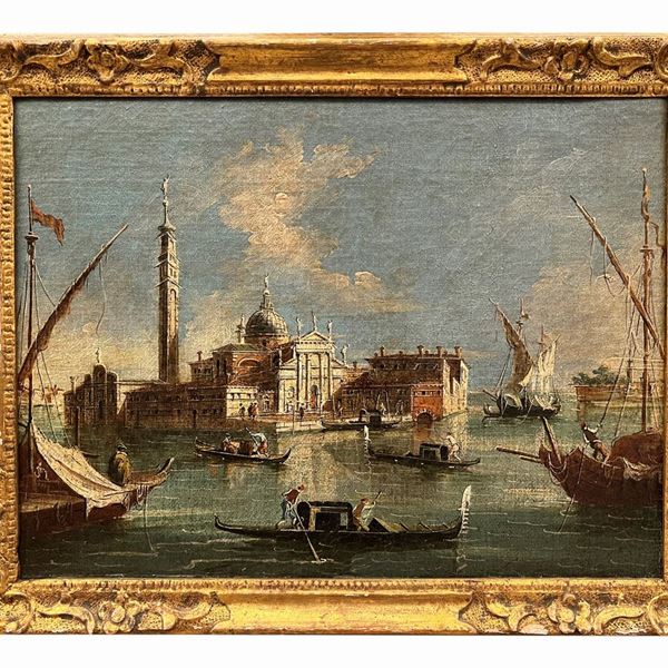 Giacomo Guardi - Veduta dell'Isola di San Giorgio Maggiore con la punta della Giudecca a Venezia, gondole e velieri