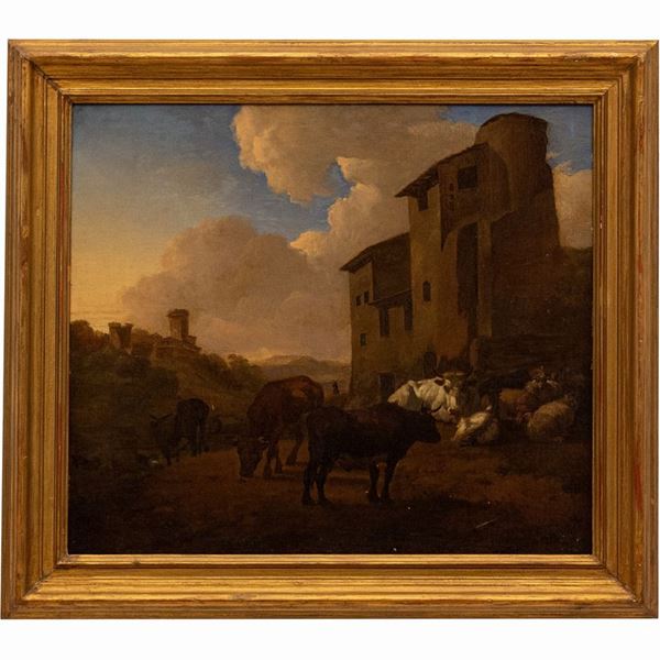 Willem  Romeijn - Buoi e pecore riposano all'ombra di un casolare