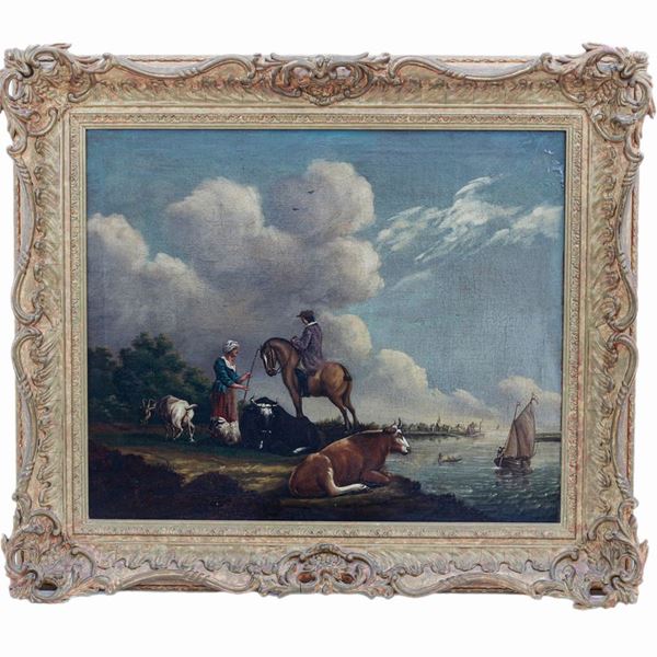 Paesaggio fluviale con fanciulla e cavaliere 