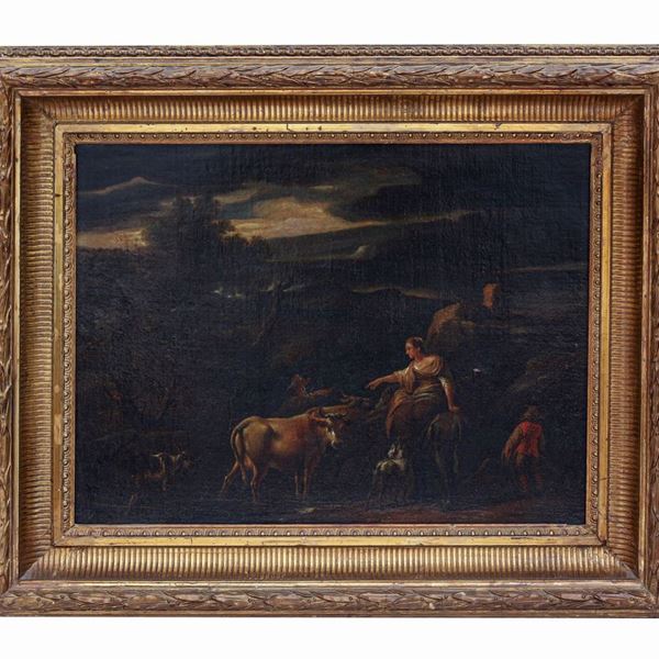 Nicolaes  Berchem : Paesaggio con pastorella e armenti  - olio su tela - Auction Asta di Antiquariato e Dipinti Antichi - I - Gliubich Casa d'Aste