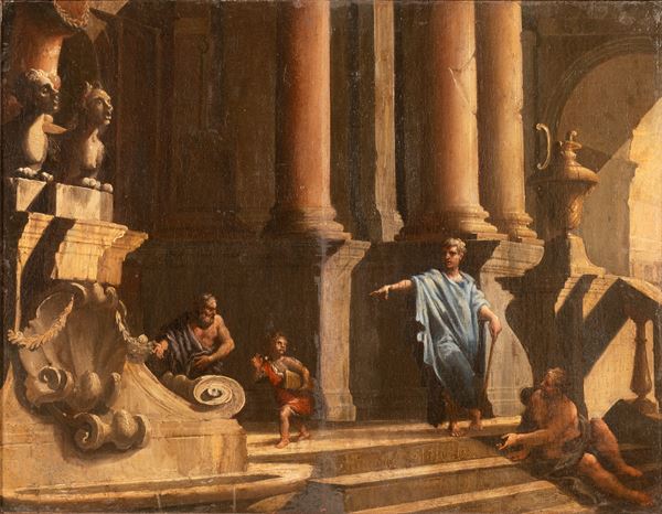 Viviano Codazzi - Filosofi sulla scalinata di un tempio indicano una fontana
