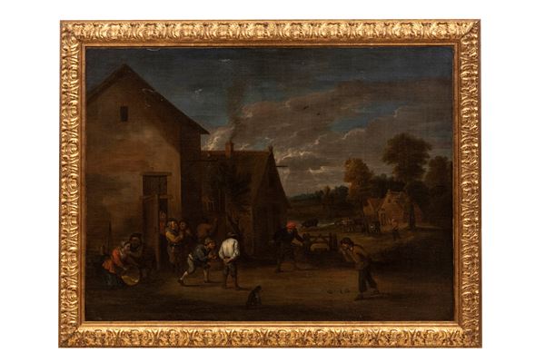 Pittore fiammingo del XVII secolo - Contadini giocano a bocce all'esterno della locanda della mezzaluna 