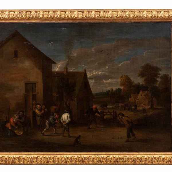 Pittore fiammingo del XVII secolo - Contadini giocano a bocce all'esterno della locanda della mezzaluna 