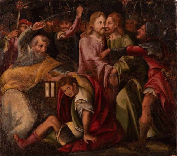 Manierista emiliano del XVI secolo : Arresto di Cristo  - olio su tavola - Asta Asta di Antiquariato: Dipinti, Oggetti e Arredi Antichi - Gliubich Casa d'Aste