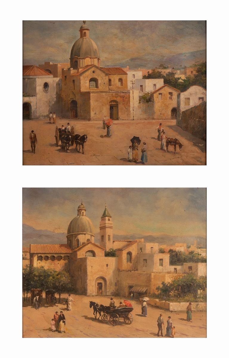 Scuola Napoletana XX Secolo - Coppia di Vedute di Città Dell'italia Meridionale