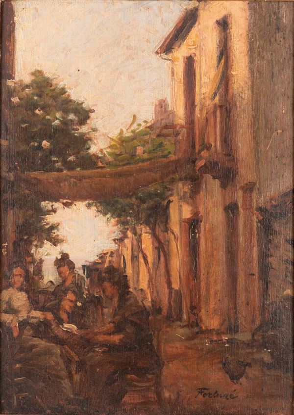 Pittore francese XX secolo - Paesaggio con rosaio e donne