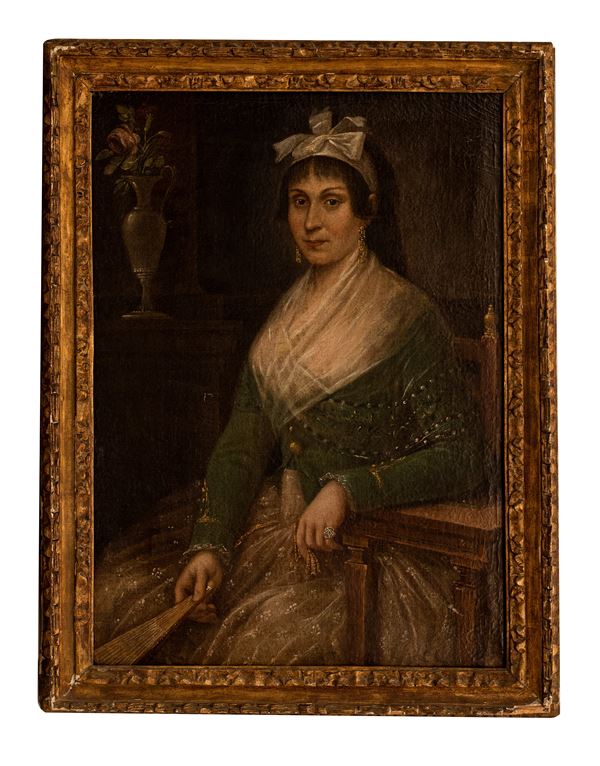 Pittore francese del XIX secolo - Ritratto di dama con ventaglio