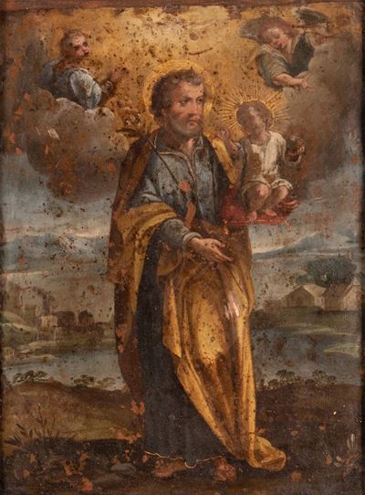 San Giuseppe con Bambino e Angeli sullo Sfondo di Paesaggio