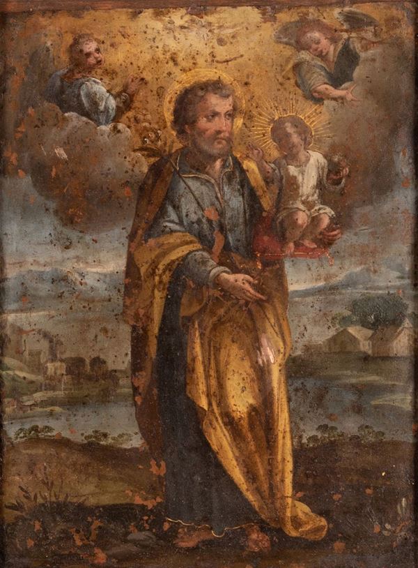 Scuola Romana XVII secolo - San Giuseppe con Bambino e angeli sullo sfondo di paesaggio