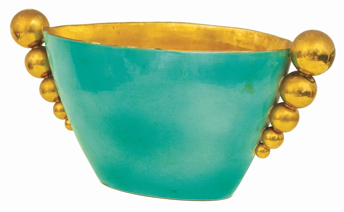 Manifattura Italiana del XIX Secolo - Vaso Decò in Ceramica Celeste e Oro