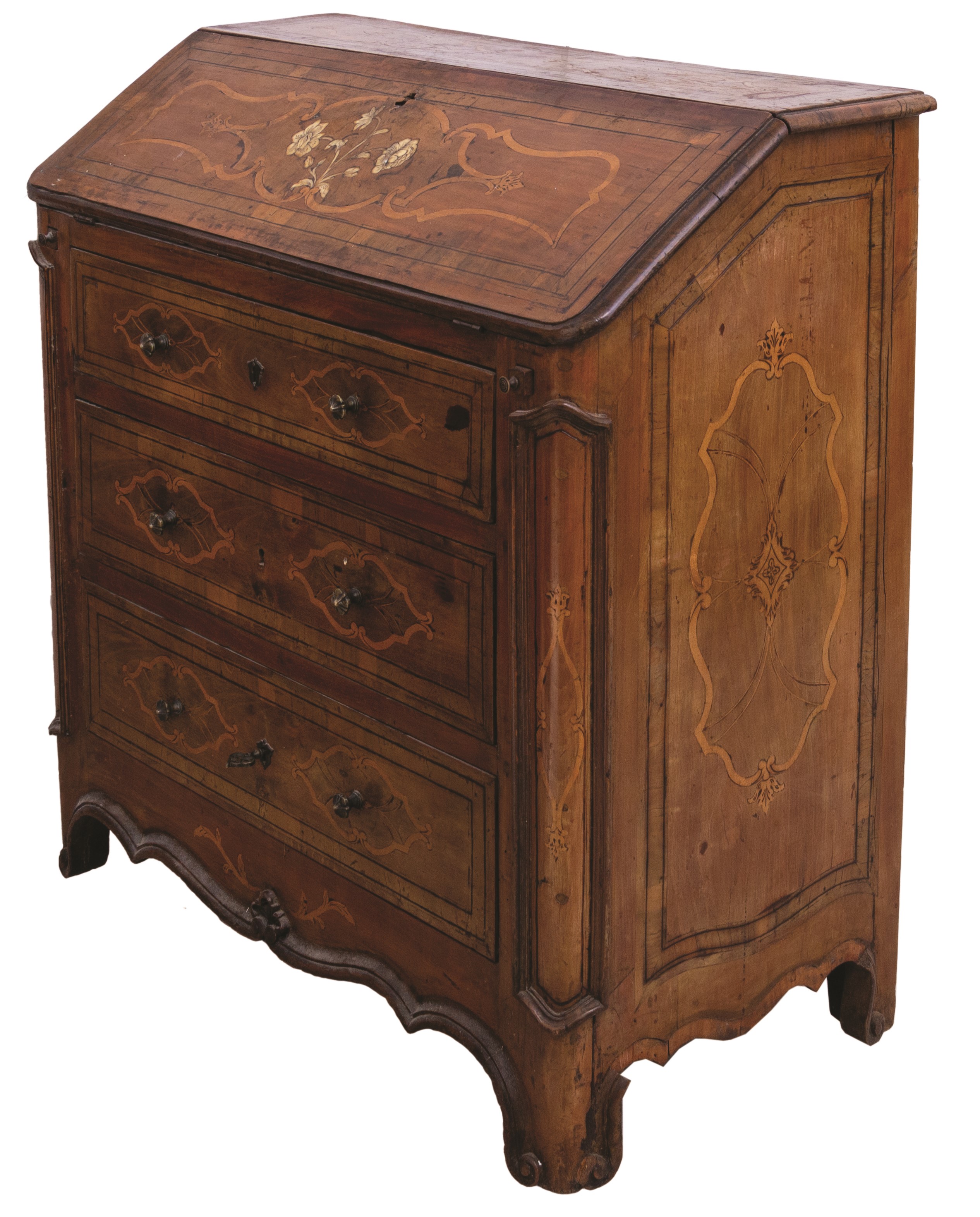 Piccola ribalta a 3 cassetti in noce intarsiata al fronte e ai fianchi in acero e essenze di radi...