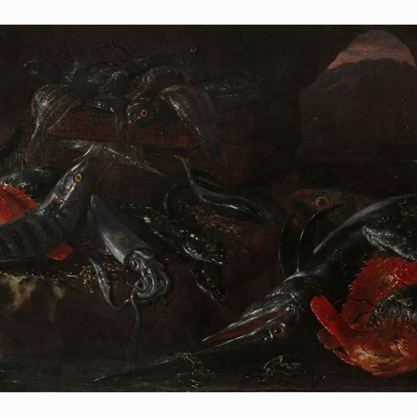 Giuseppe Recco - Natura morta con pesci e calamari 