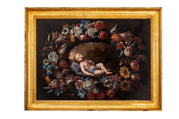 Giuseppe Recco - Gesù Bambino in una ghirlanda di fiori