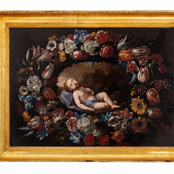 Giuseppe Recco - Gesù Bambino in una ghirlanda di fiori