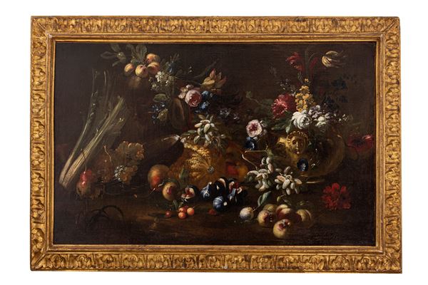 Pittore del Nord Europa del XVIII secolo - Natura morta di frutta e fiori