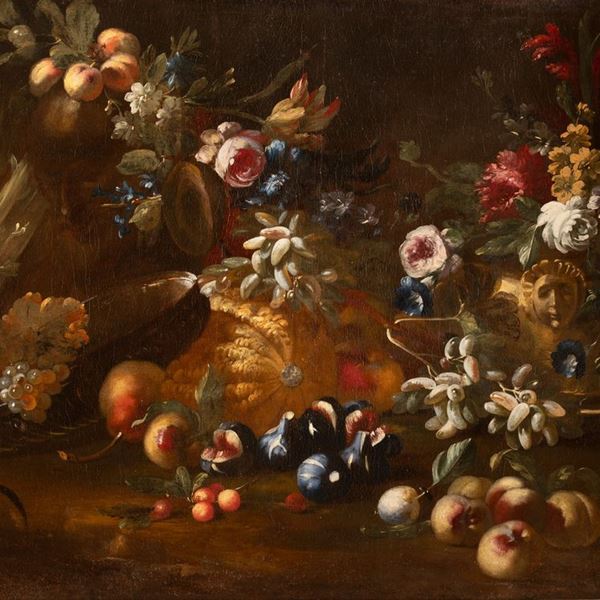 Pittore del Nord Europa del XVIII secolo - Natura morta di frutta e fiori
