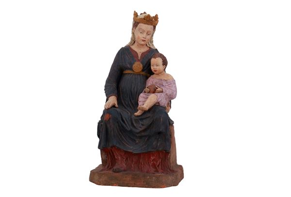 Manifattura veneta del XVII secolo - Scultura in terracotta policroma raffigurante Madonna in trono con bambino 