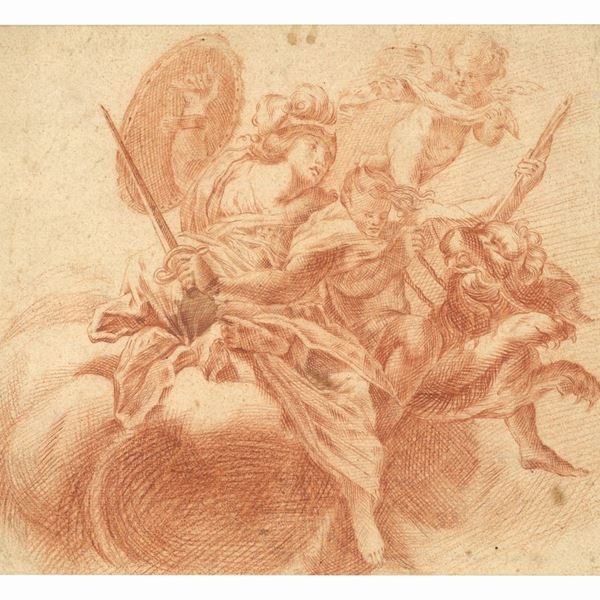 Anonimo - Marte ed un fanciullo con festuca cavalcano una fiera. Li sovrasta un putto