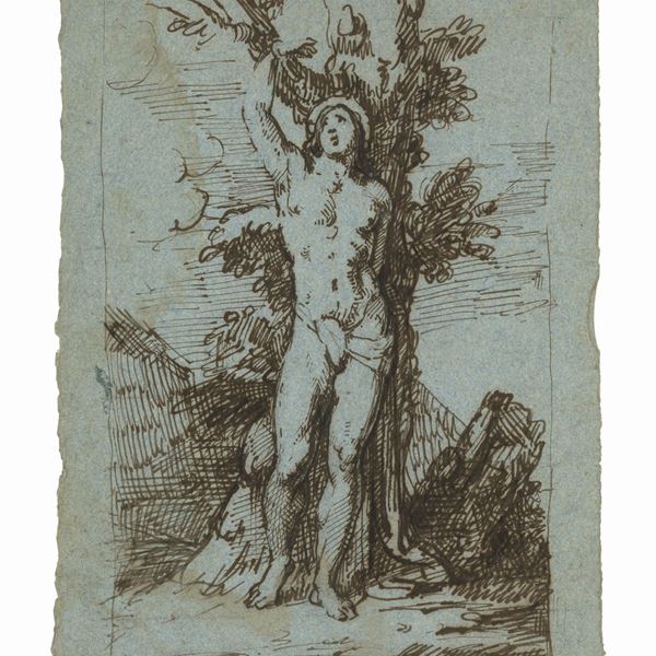 Giovanni Contarini : San Sebastiano legato all'albero  - inchiostro bruno su carta azzurrina - Asta Old Masters: Dipinti e Arredi Antichi dal XVI al XIX secolo (Seconda tornata) - II - Gliubich Casa d'Aste