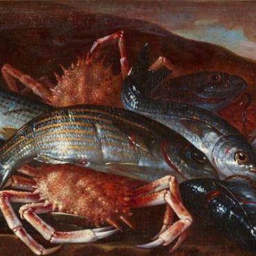 Giuseppe Recco - Paesaggio con pesci, granchi e ostriche