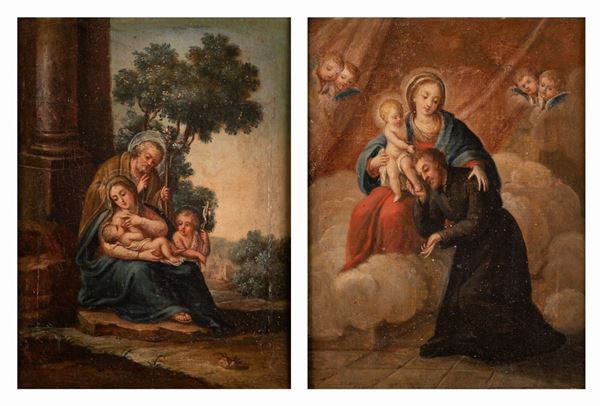 Scuola Romana XVIII secolo - Coppia di dipinti raffiguranti "Riposo dalla fuga in Egitto" e "Madonna con Bambino e Sant'Ignazio di Loyola"