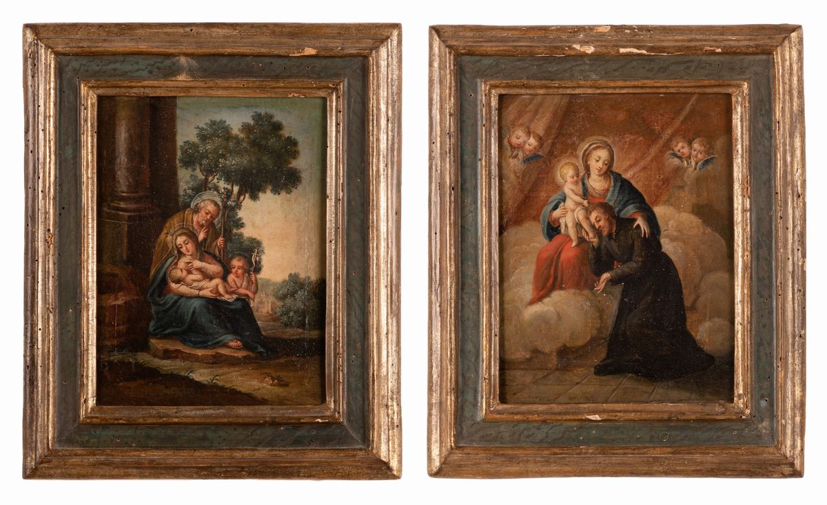 Scuola Romana XVIII Secolo - Coppia di Dipinti Raffiguranti "riposo dalla Fuga in Egitto" e "mado...