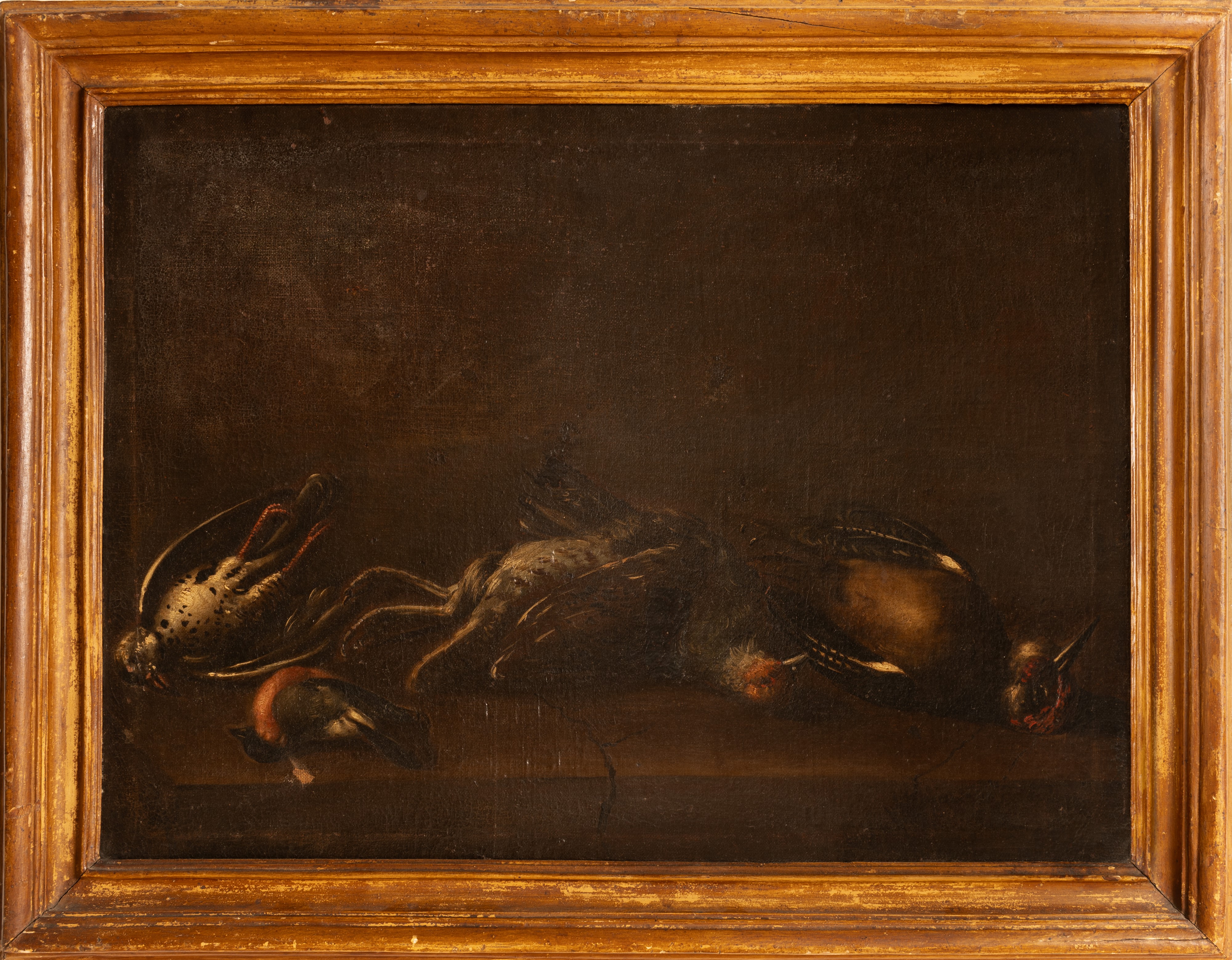 Coppia di dipinti ad olio su tela raffiguranti natura morta con cacciagione