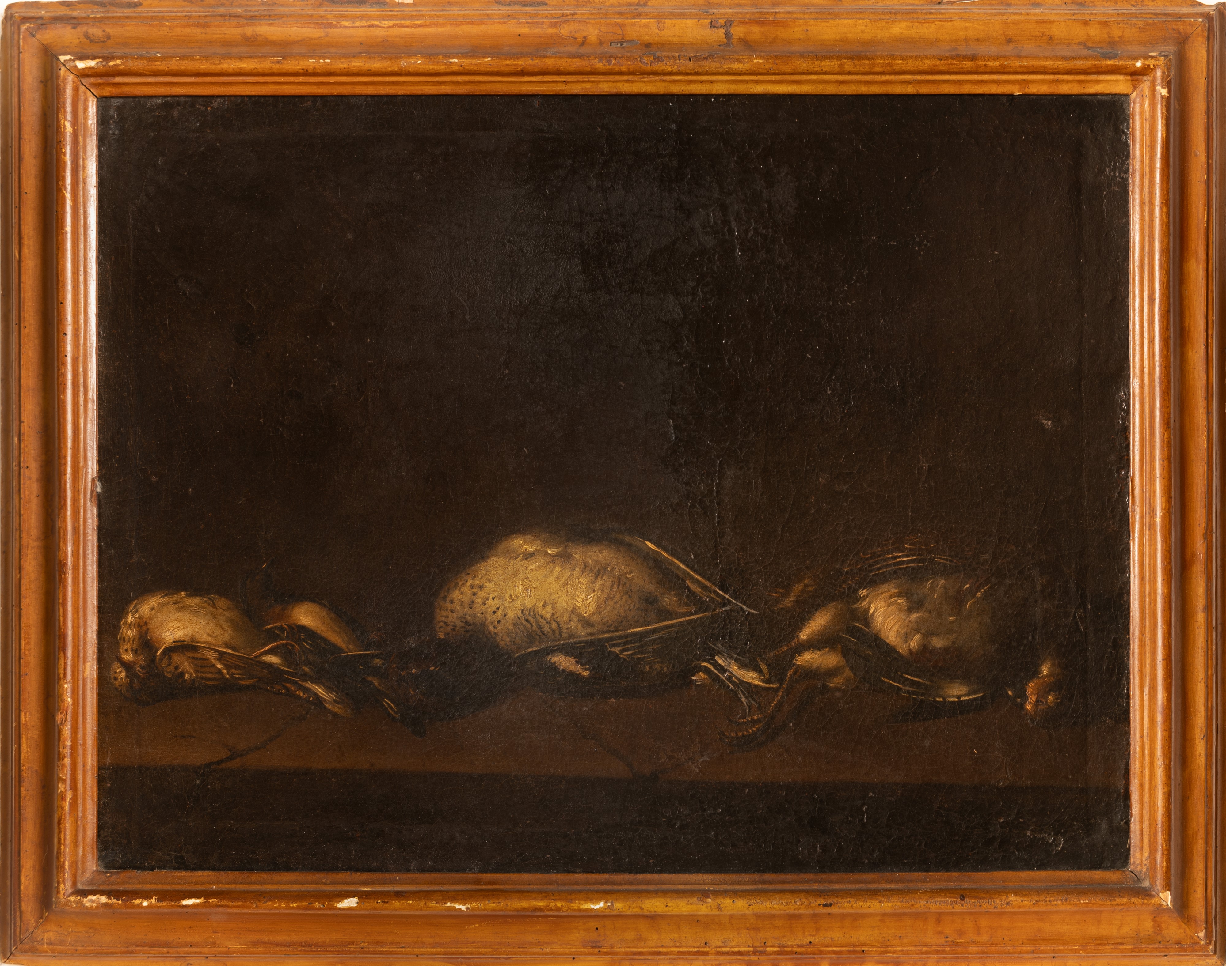 Coppia di dipinti ad olio su tela raffiguranti natura morta con cacciagione