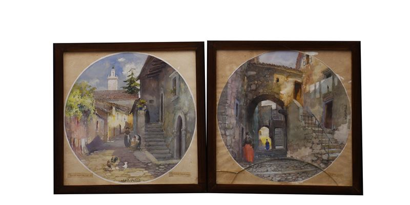 Coppia di acquerelli raffiguranti scorci di Scanno e di L'Aquila