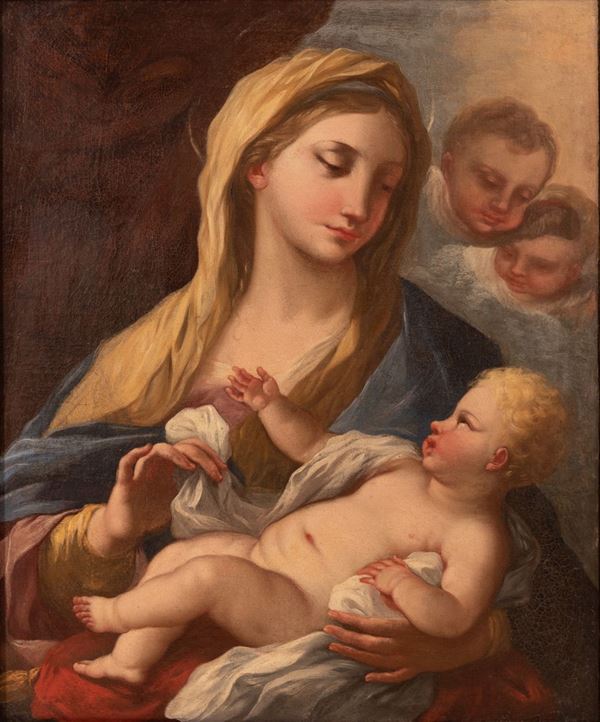 Scuola Napoletana XVIII secolo - Madonna, Bambino e cherubini