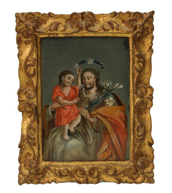 Scuola altoatesina del XVIII secolo : San Giuseppe con Bambino   - olio su vetro - Auction Asta 19: Oggetti d'arte, argenti e dipinti antichi - Gliubich Casa d'Aste